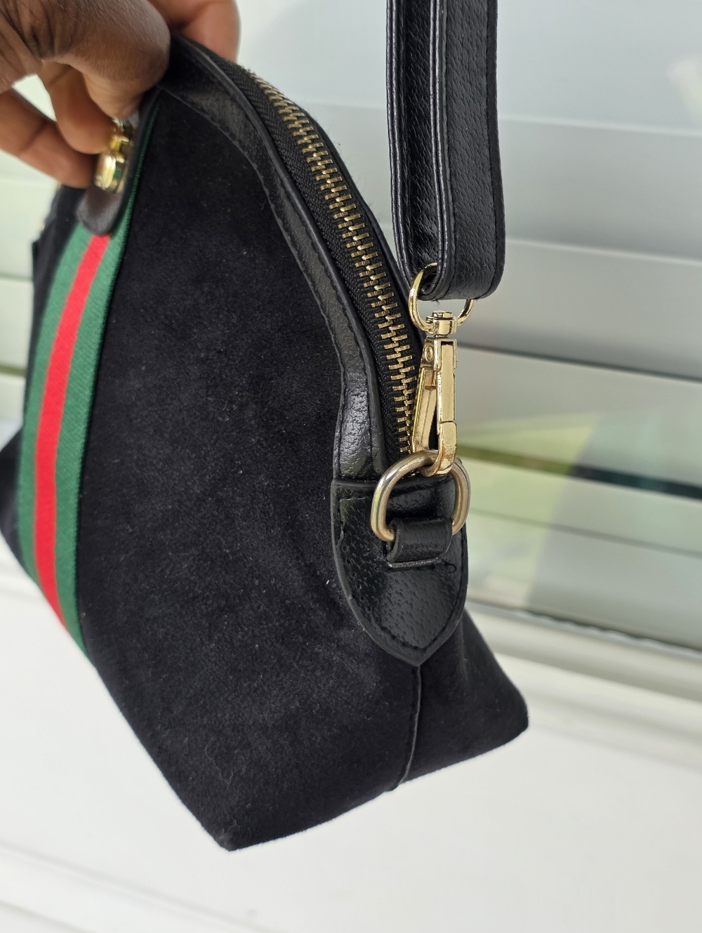 Gucci Black Suede Crossbody Bag Women Green-Red Stripe Detach Strap 7x11 - Picture 6 of 16
